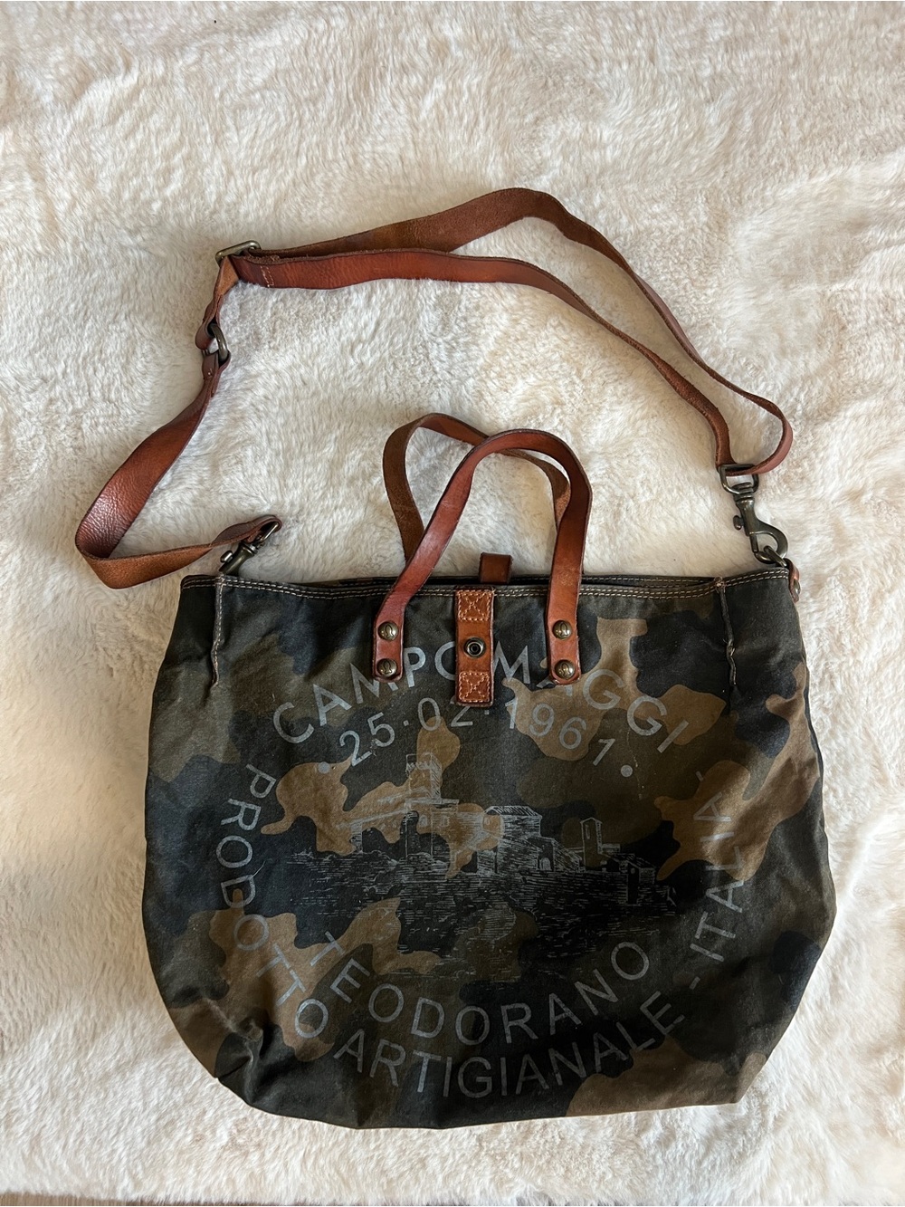 Camouflage Canvas Tote with Brown Leather Trim
